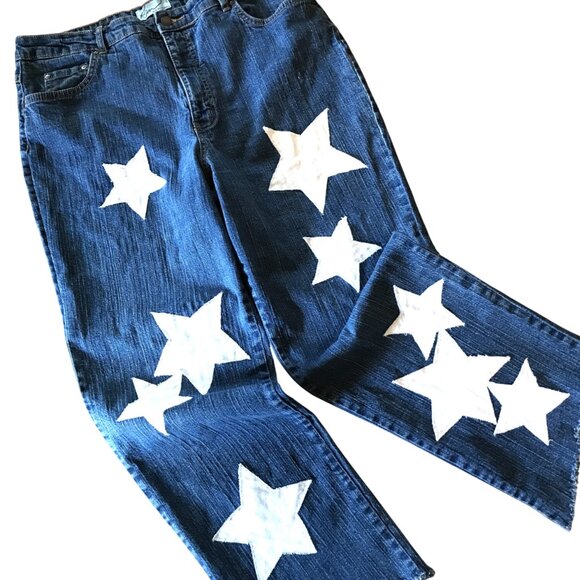 Upcycled Denim - Upcycled Patchwork Jeans, Cropped Denim Hippie Pants with White Stars Size 16